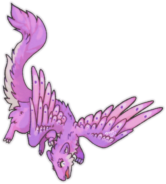 digital drawing of a fluffy purple dragon with feathered wings, in a silly, playful pose