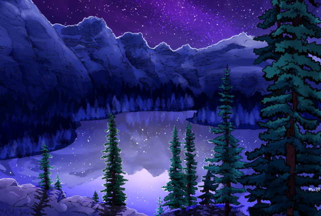 a digital illustration of Lake Moraine - it is night time and there are several spruce trees in the foreground. in the middle is a large lake, that has the mountains reflected in it's waters as well as the stars. the piece is primarily cold colors, green, purple and blue.