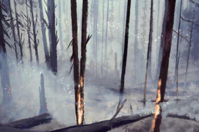 an painting of the aftermath of a forest fire - the trees are burnt and broken with two trees in the foreground still glowing with the lit embers of the forest fire. some of the trees and ground is obscured by heavy, white smoke. a few stray embers hang in the air. 