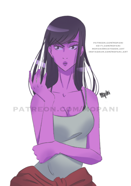 Digital artwork of the Goddess Artemis from Lore Olympus. She has light purple skin and dark purple long hair and a restin bitch face. she’s wearing a plane light grey tanktop and has a red sweater bound on her hips.