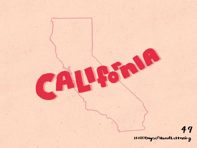 California in a playful sans-serif lettering style in the color red. An outline of the state of California is in the background.