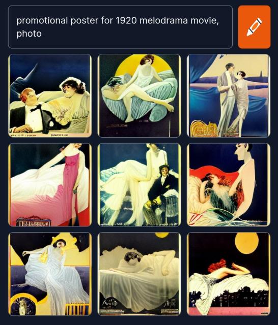 Dall-E Mini render of posters for 1920s melodrama films
