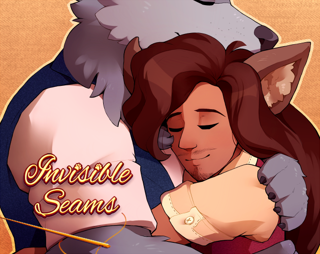 The cover image for Invisible Seams, a closeup of Moth hugging Caesar. They look very at peace and affectionate. The game's logo is in the bottom left.