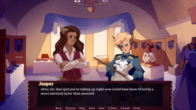 A screenshot of Jasper snarkily saying "After all, that spot you're taking up right now could have been filled by a more talented tailor than yourself." to Moth.