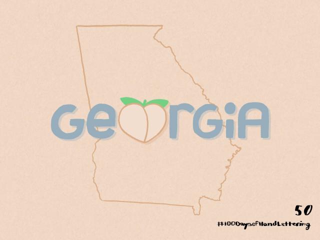 Lettering of Georgia with a peach in place of the O. An outline of the state of Georgia is in the background.