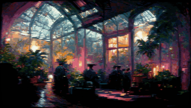 Pixel art of a dark victorian conservatory lit from above. The image has a CRT filter applied.