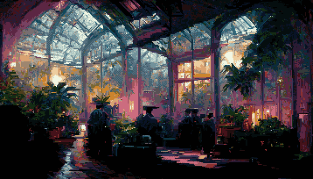 Pixel art of a dark victorian conservatory lit from above.  