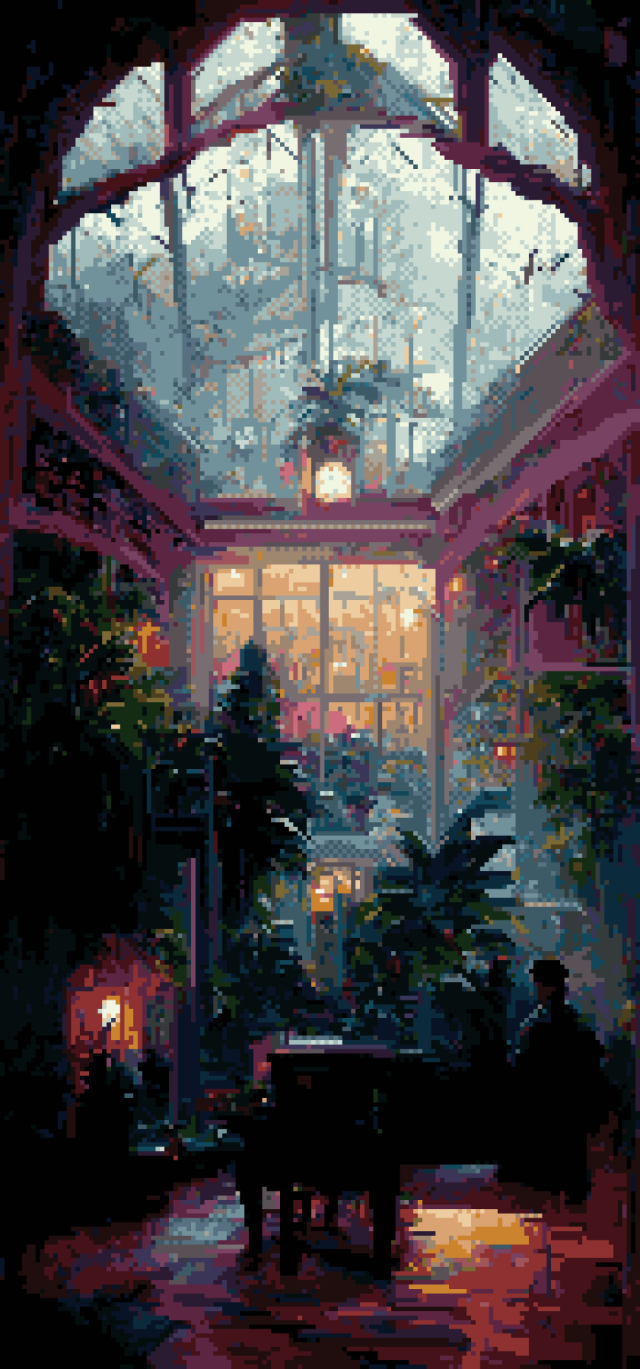 Phone wallpaper version of a pixel art of a dark victorian conservatory lit from above.  