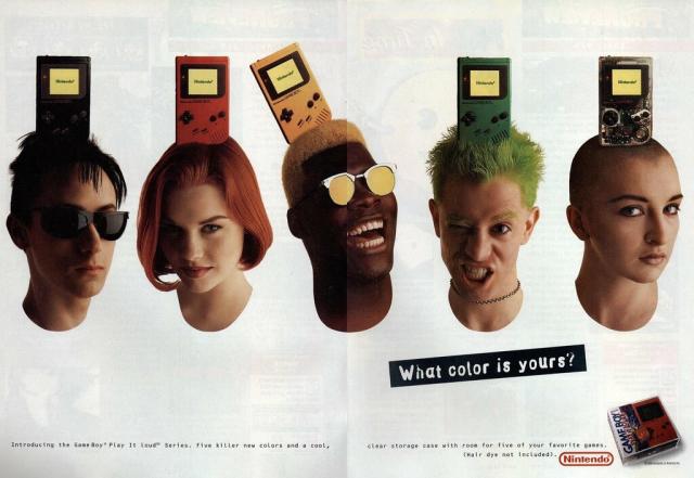 Game Boy "Play it Loud" 2-page ad spread featuring people with haircuts matching each colour of Game Boy with the matching Game Boy sitting on their head.