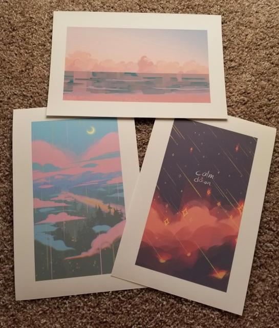A photo of 3 prints on the carpet.
The one at the top is a digital art of the ocean with pink clouds.
The one on the bottom left is a digital art of a forest underneath the blue sky with pink clouds.
The one on the bottom right is a digital art of pink clouds with shooting stars.
