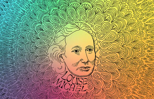 Pen and ink drawing of Louise Michel, with a rainbow gradient background