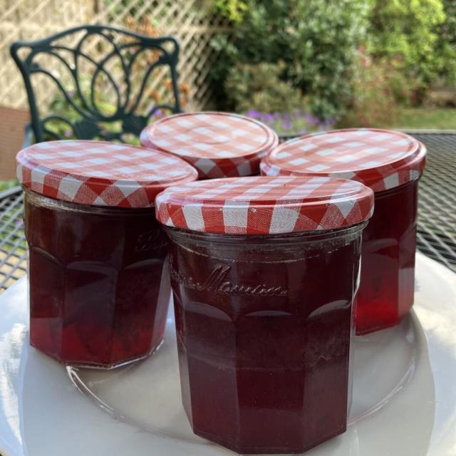 4 jars of plum jam cooling on my garden table.