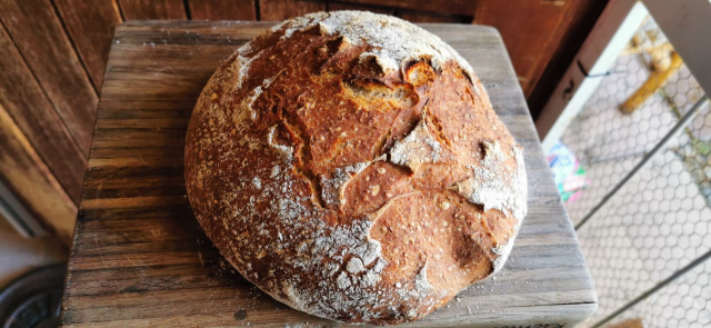 A top down shot of a round crusty loaf of bread baked to a dark crust and with a coating of flour on it.