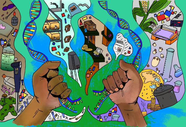 Two slightly differently coloured fisted hands pulling apart a DNA strand into a break with sticky ends. 4 bubbles filled with various scientific miscellany (liverworts, micropipettor, mouse colony, large fermentor, lab bench, research papers, gel electrophoresis rig, pressure cooker, etc) pertaining to DIY biology emerge from the site of the double stand break. Small primary coloured geometric shapes also appear in the bubbled in various conglomerations.
