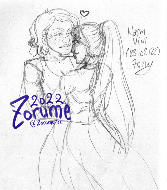 Sketch de Nami et Vivi face à face en train de s'enlacer.