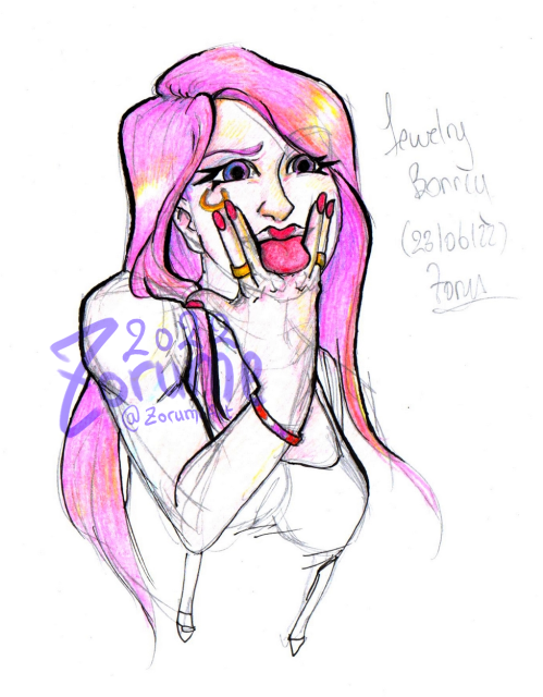 Sketch coloré de Bonney qui tire la langue au travers de sa main (mimique sexe oral)