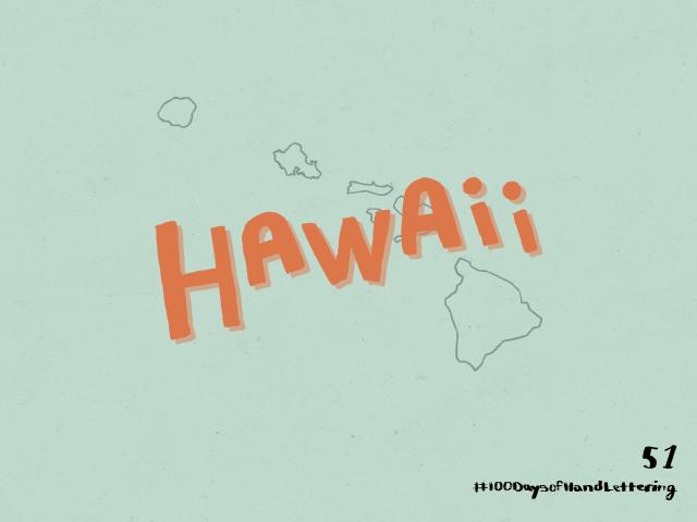 Hawaii in orange lettering with an outline of Hawaii in the background.