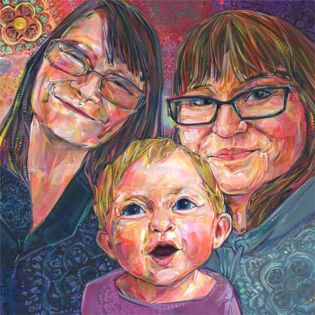 painted portrait of three generations: grandmother, mother, and baby