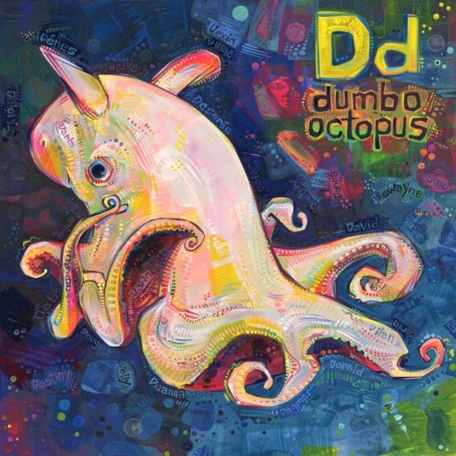D is for dumbo octopus, painting of a sea creature as a page from an ABC book