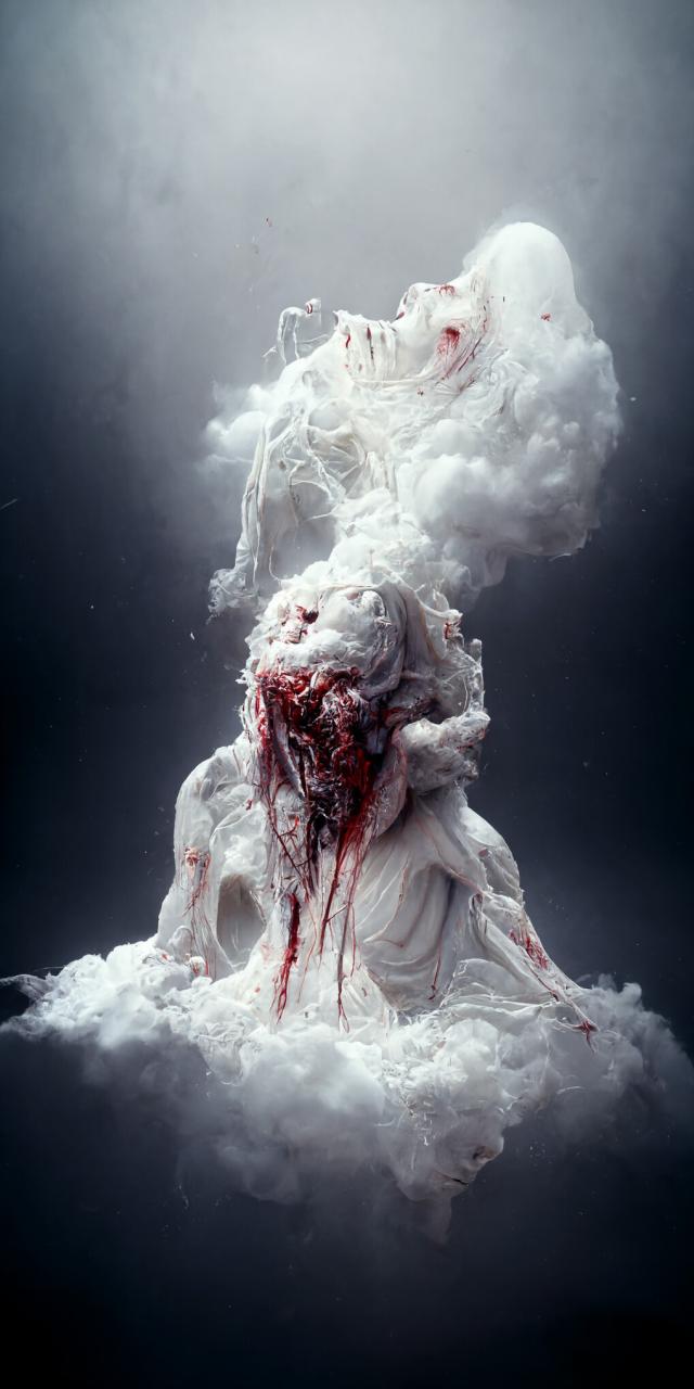 a detailed abstract image of a white organic cloud, despair and brutality mood