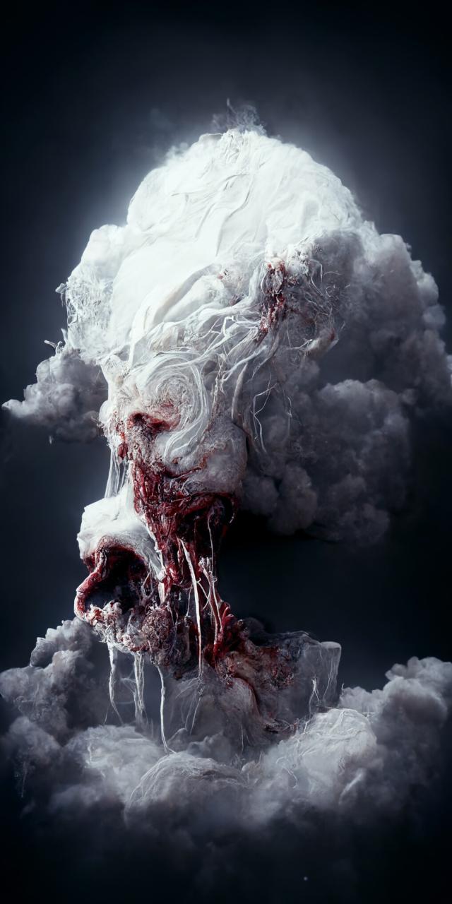 a detailed abstract image of a white organic cloud, despair and brutality mood