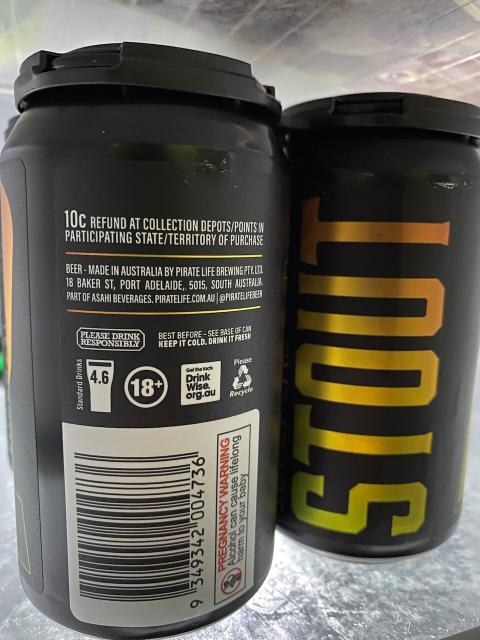 Back of a can of Pirate Life Imperial Stout. Shows it is 4.6 standard drinks. 