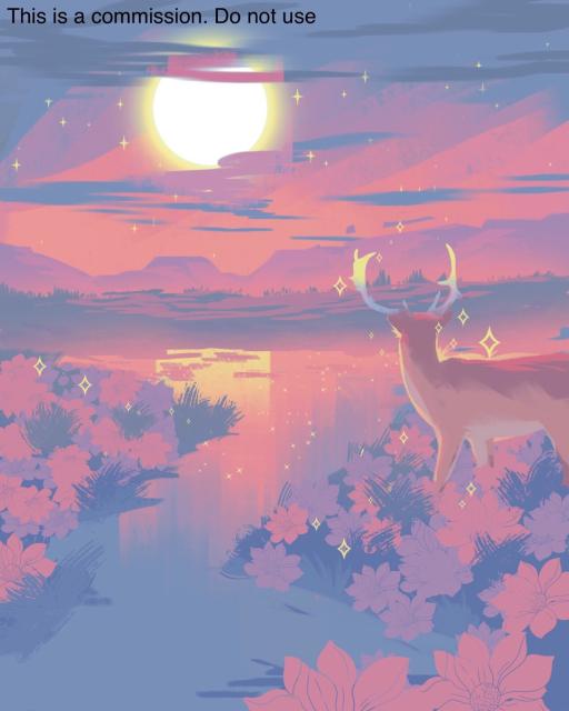 A digital art of a deer in the flower fields, orange sky, and a sun. There’s also a body of water at the bottom and some mountains from afar.

The text at the top left reads “This is a commission. Do not use”