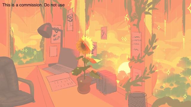 A digital art of a room with the usual laptop set up, some books, and a sunflower in the middle.
The view from the outside is an orange sky with a yellow sun.

The text at the top left reads “This is a commission. Do not use”