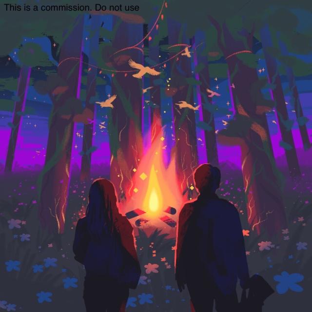 A digital art of two people in front of a bonfire, in the middle of the forest, under the dark blue and purple sky

The text at the top left reads “This is a commission. Do not use”