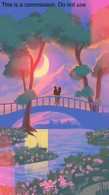 A digital art of a couple hugging each other on a bridge. Around the trees, over the sea, and under the moon. There are some mountains from afar as well.

The text at the top left reads “This is a commission. Do not use”