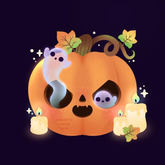 Illustration of cute ghosts living in a pumpkin with candles