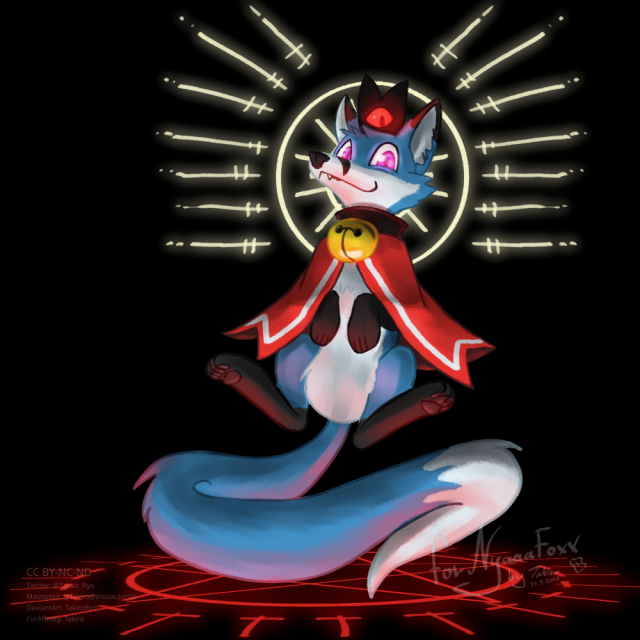 A feral blue fox on a black background. He is floating above a red glowing pentagram sigil which illuminates him from the bottom. His pink eyes are glowing. He wears a small black hat with a demonic red glowing eye looking at the viewer. The hat has a simplistic stylized form of a ram's head. He wears a red poncho and a big golden bell, on a black collar. Some yellow symbols, like a halo from religious iconography, glow in the background behind his head.

The whole artwork is based on the design of the main character from the video game Cult of the Lamb.
