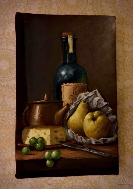 Oil painting of a still with a piece of cheese a bottle of wine and some pears
