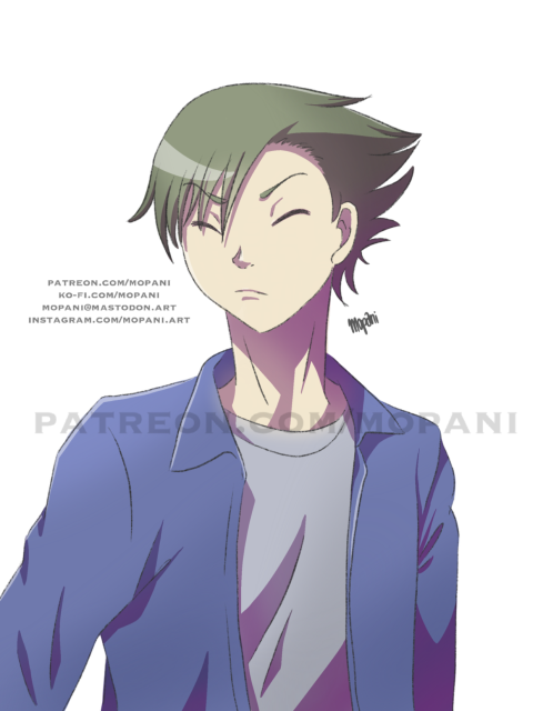 Digital artwork of Seonil from The Gamer. A guy with green-ish hair who screw up his eyes. He‘s wearing a blue jacket over his grey-ish t-shirt.