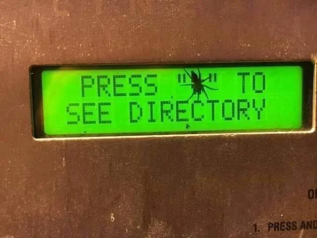Device screen showing this message: 

> PRESS "_" TO SEE DIRECTORY

Where _ screen character is hidden behind a bug that looks like a spider. So it looks like it's saying "Press spider to see directory".