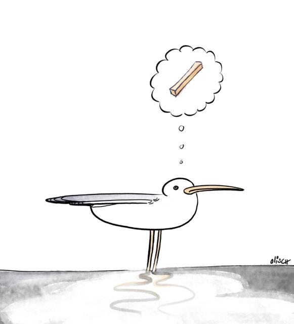 (English text below) Cartoonzeichnung einer Möwe die im Wasser steht und an Pommes denkt.

Cartoon drawing of a seagull standing in the water and thinking about fries.