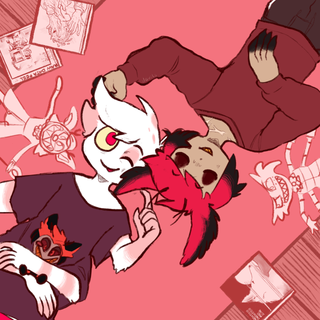 Angel Dust and Alastor from Hazbin Hotel lying together on the floor, surrounded by Everything Everything albums and bootleg plush toys of themselves. Alastor has his eyes closed, while Angel is poking one of his ears. Angel is holding a small Alastor plushie in his lower set of arms.