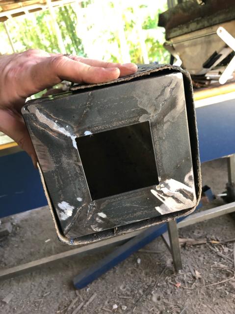 A square made from four pieces of 40x40x3mm angle iron, sitting inside one of four support columns for a fibreglass Tardis. 