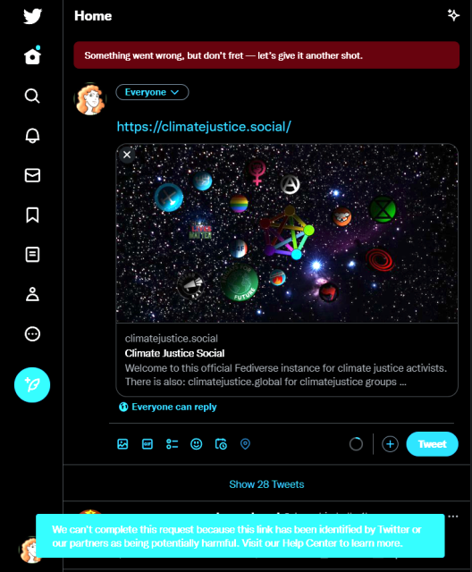 Screenshot of Twitter post rejected for link to climatejustice.social