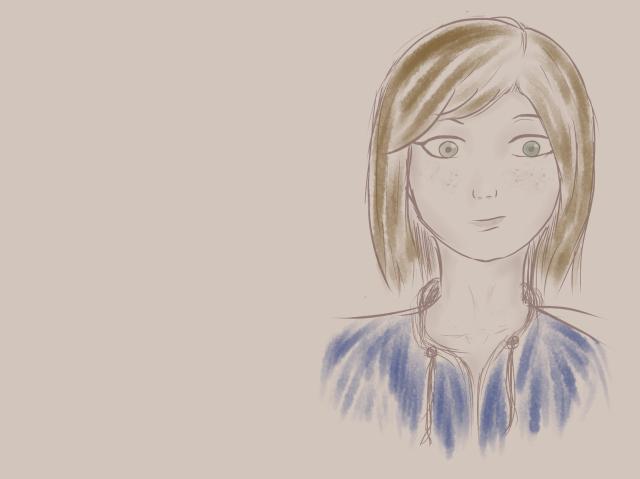 Zeichnung einer weiblichen Person mit dunkelblonden Haaren, grünen Augen, Sommersprossen und einer blauen Sweatshirt Jacke.