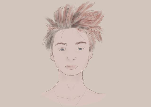 Zeichnung einer femininen Person mit rot-schwarzen Haaren und heller Haut