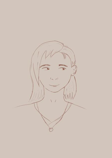 Zeichnung einer Person mit langen Haaren und einer Kette um den Hals.