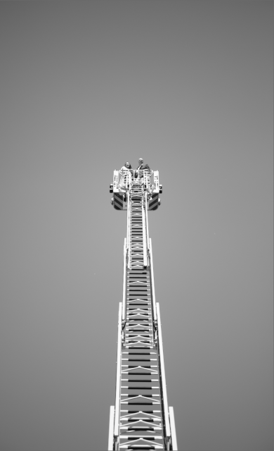 Ein Hochzeitspaar auf einer Feuerwehrleiter, das Bild ist schwarz weiß und der Hintergrund ist einförmig Grau.