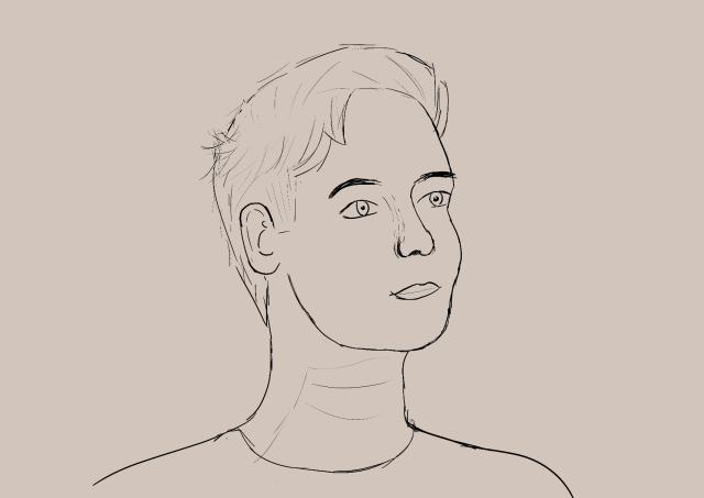 Zeichnung einer eher femininen Person mit relativ kurzen Haaren. 