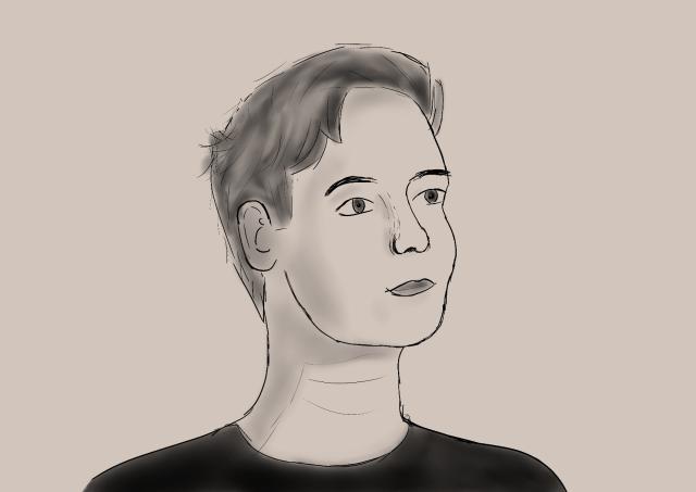 Zeichnung einer eher femininen Person mit relativ kurzen Haaren. Die Schatten, Haare und das Shirt sind hier noch zusätzlich zu den Outlines in Schwarzweiß koloriert.