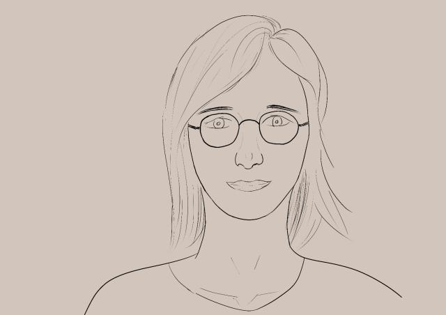 Zeichnung einer Person mit langen dunklen Haaren und einer runden Brille.