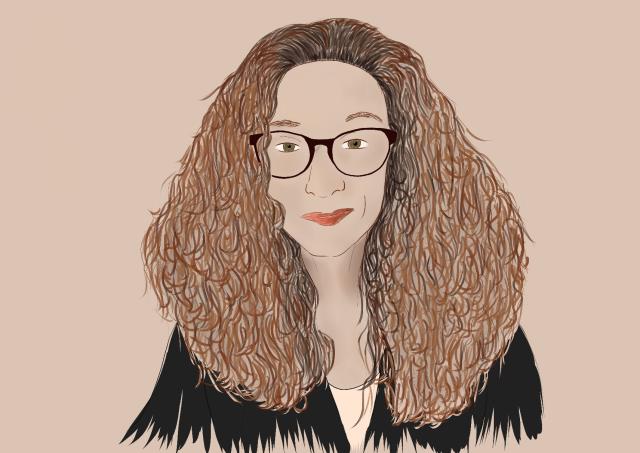 Kolorierte Zeichnung einer femininen Person mit langen lockigen Haaren und einer Brille.