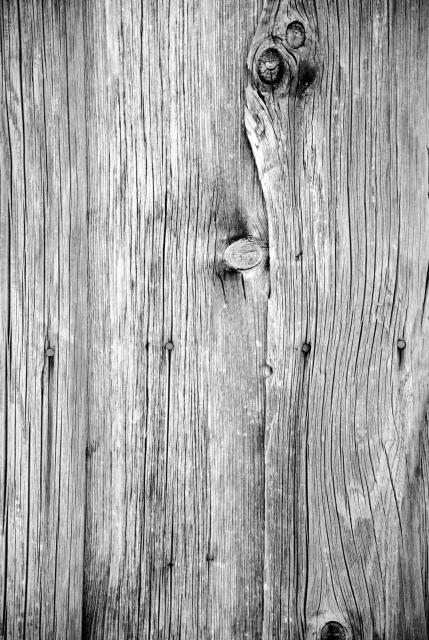 Schwarz-Weiß Bild der Holzfassade an einer Hütte in den Alpen. Man sieht sehr gut die Musterung und an verschiedenen Stellen die Astlöcher und Nägel.