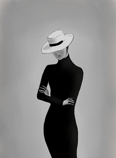 Zeichnung einer Frau mit einem tiefschwarzen langen, Körper betonten Kleid und verschränkten Armen. Sie trägt einen sehr hellen Hut der das Gesicht außer Nase und Mund verdeckt.  