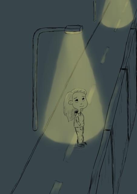 Zeichnung einer Szene in der Nacht. Eine weibliche Person mit langen Haaren steht auf einer Straße im Licht einer Laterne. Sie guckt etwas verunsichert und leicht unglücklich nach oben bzw in Richtung einer Mauer die das Gebiet direkt neben der Straße abtrennt.